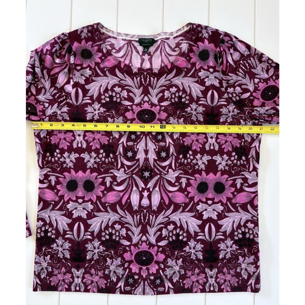 Talbots Womens XL Petite Lightweight Merino Wool Floral Sweater Pink Burgundy - Picture 9 of 11